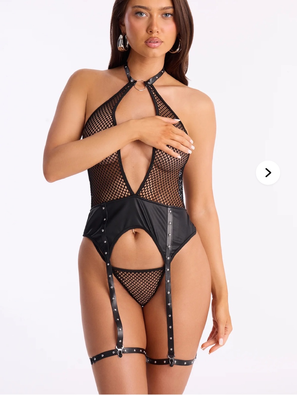 2/60$🔥Black Fishnet Halter Garter Lingerie Bodysuit